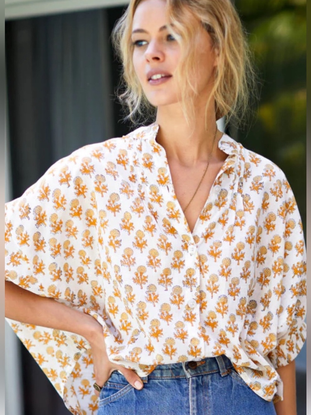 Emerson Fry Little Marigolds Mandarin Collar Organic Top - Picture 2 of 14